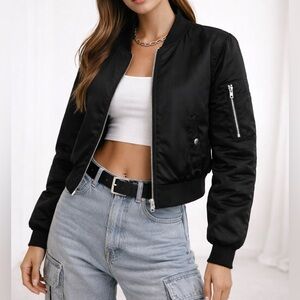 Ambiance Black Cropped Bomber Jacket Y2K Cool Girl Quilted Size Large